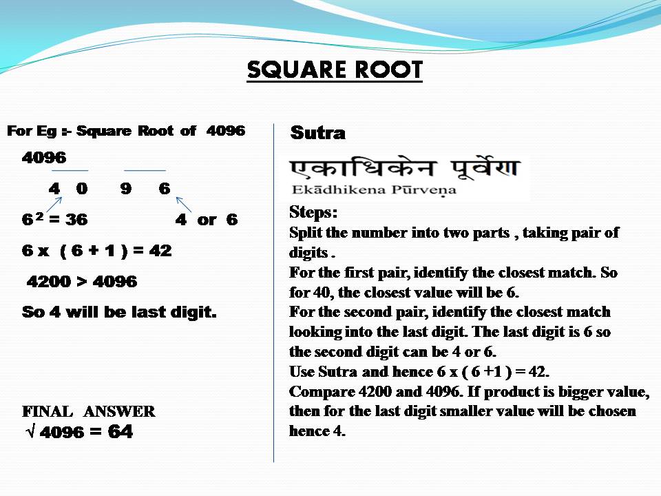 Squareroot Using Vedic Maths